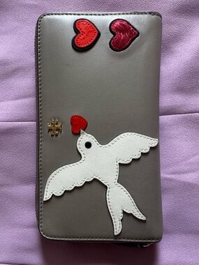 Tory Burch Taupe Clutch with White Bird and Red Heart Accents